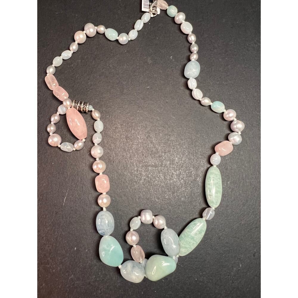 NEW dead stock amazonite , pearl multi stone sterling silver 30 inch necklace